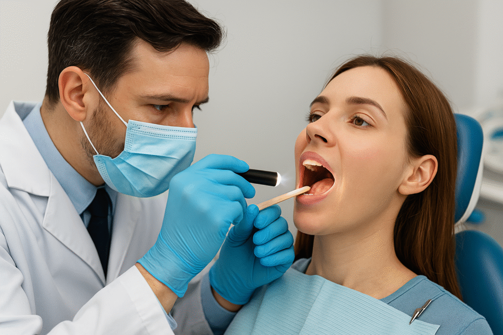 Dentist performing painless oral cancer screening—tongue and cheek exam at First Care Dental, Carson City