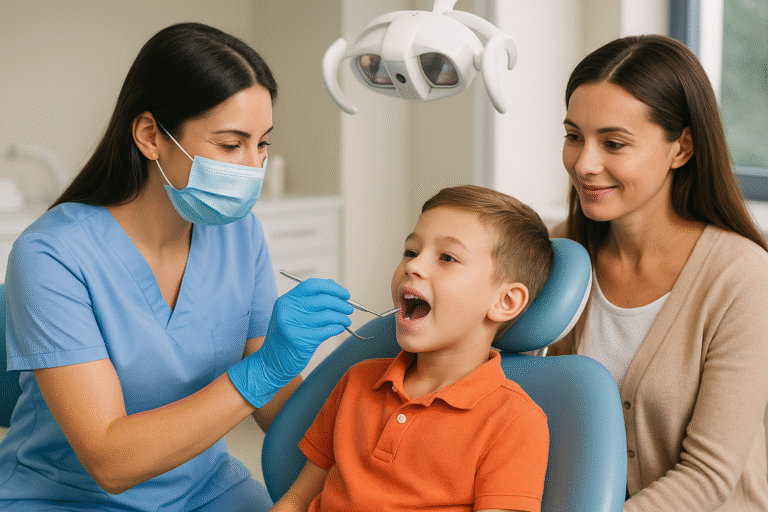 Pediatric dentist examining a young boy’s teeth while his mother watches in a dental clinic