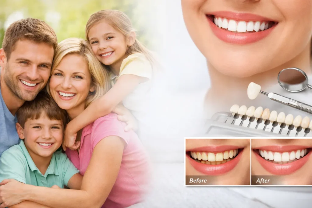 Smiling family at a dental clinic receiving family and cosmetic dentistry care for healthy, confident smiles.