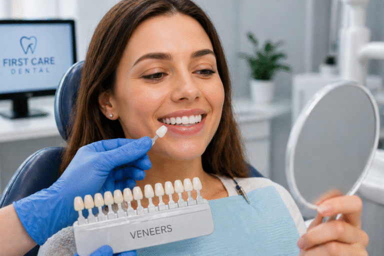 Smiling patient showing natural-looking dental veneers during cosmetic dentistry treatment at First Care Dental